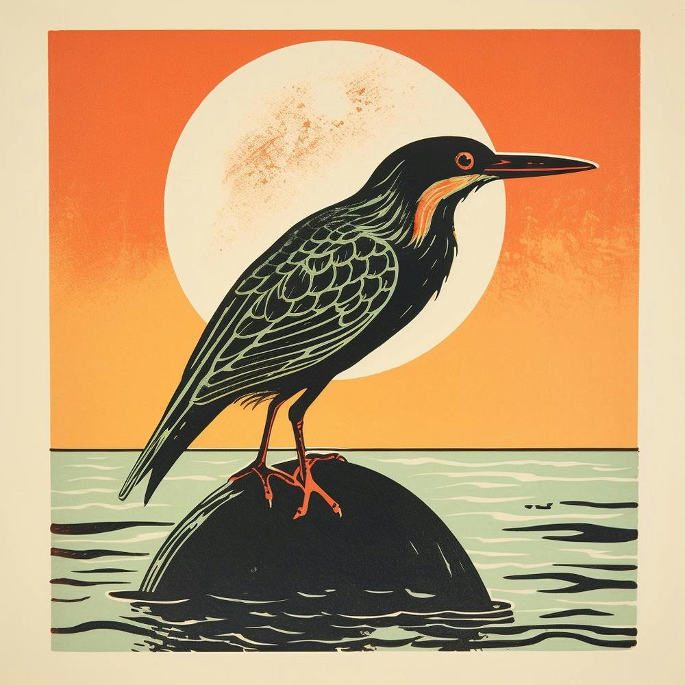 Retro Bird Lithograph Green Heron 3