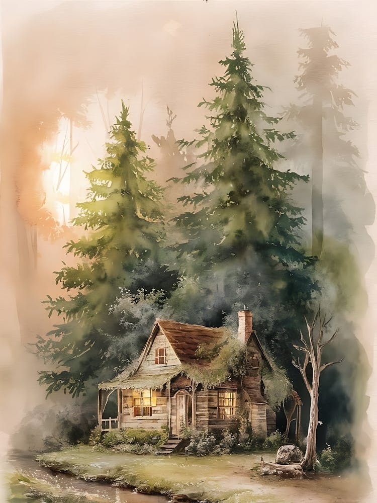 Watercolor Cabin In The Woods