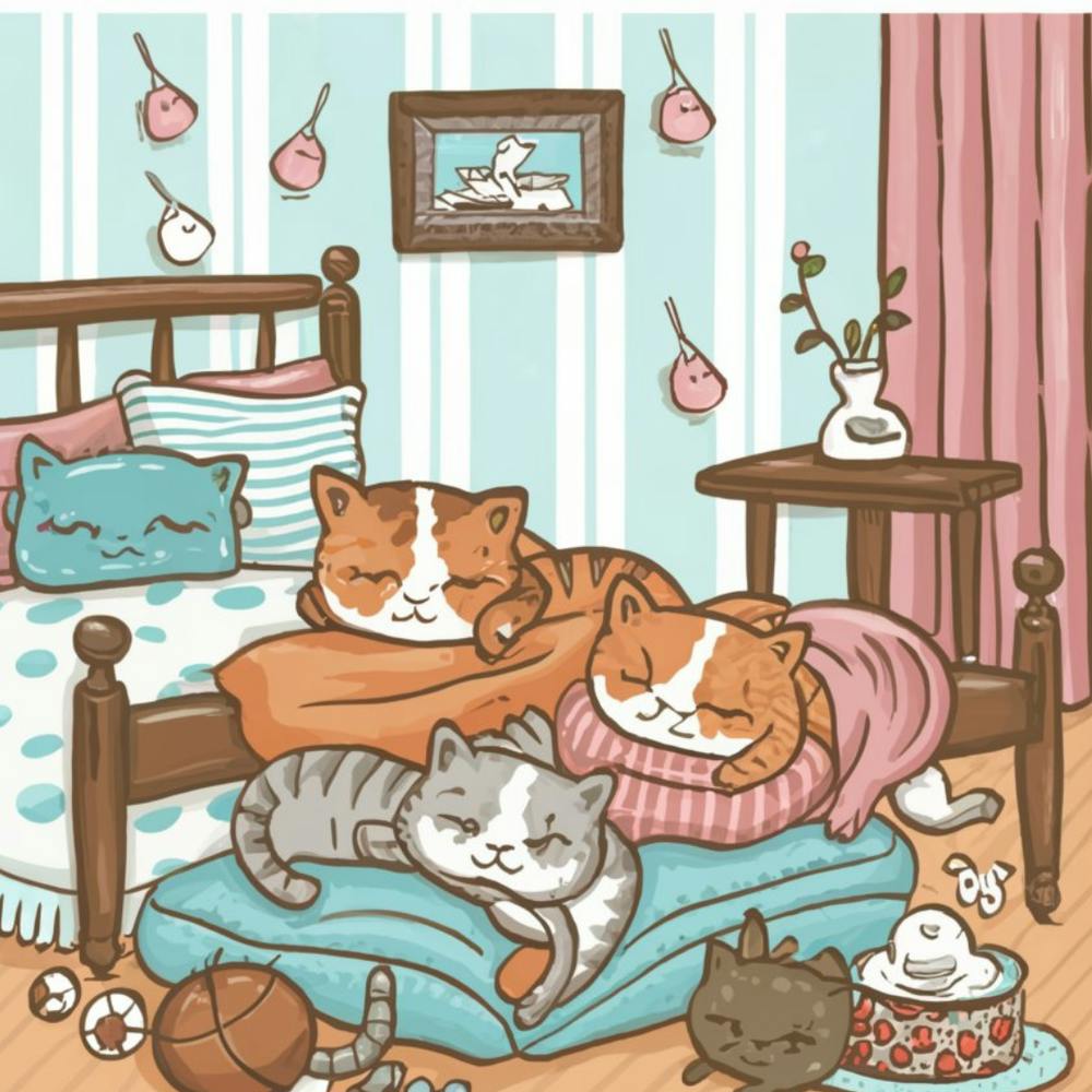 Catnap Chronicles Print Art - A Comical Portrayal Of Cats Attending A Sleepover, Complete With Pajamas, Sleeping Bags