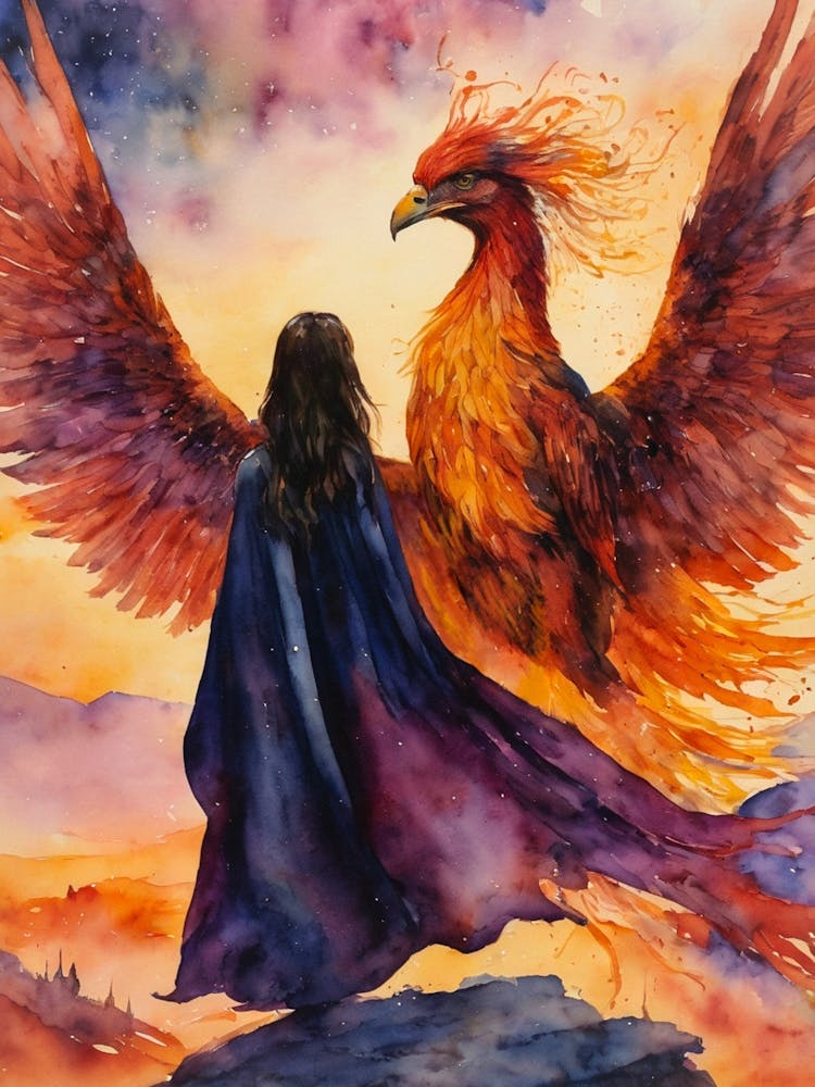 Firebird By Lyra O'Brien (Lyra The Lavender Witch) Is A Striking Pagan Artwork Featuring A Witch And A Phoenix, Symbolizing Rebirth, Ancient Wisdom, And Spiritual Transformation. Perfect For A Witchcraft Feature Wall, This Mystical Watercolor Blends Fantasy, Magic, And Sacred Symbolism