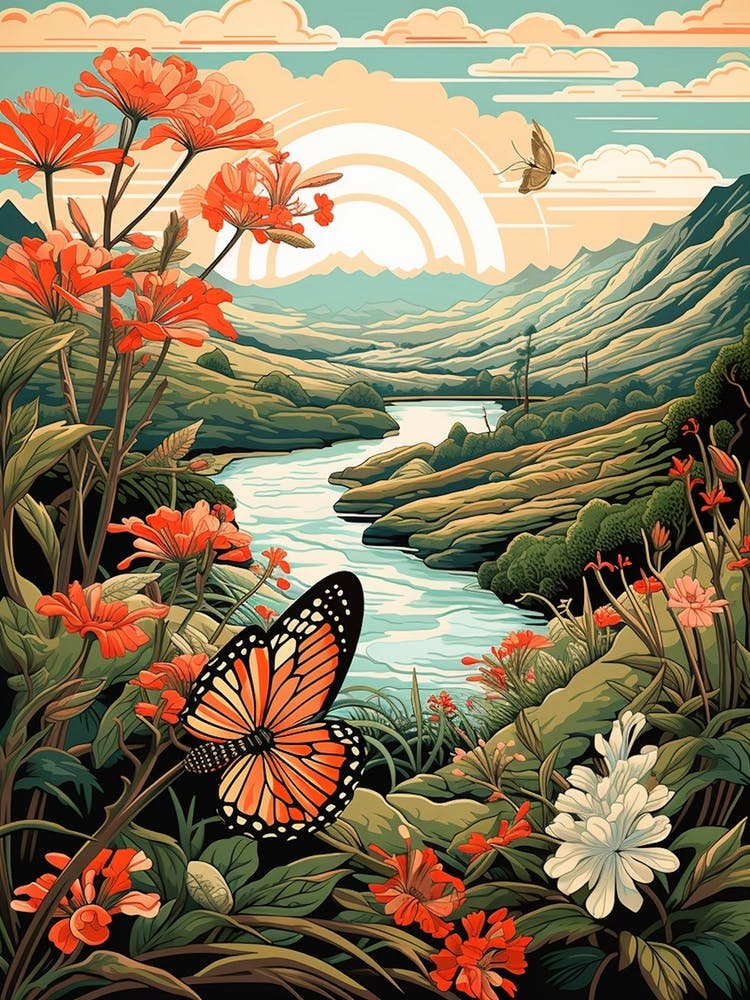 Papillons Au Bord De La Rivière Peinture Style Japonais 4