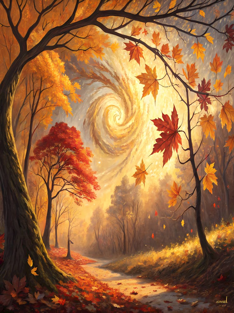 Oil Painting Style Enchanted Autumn Forest Swirling Leaves and Golden Light Landscape