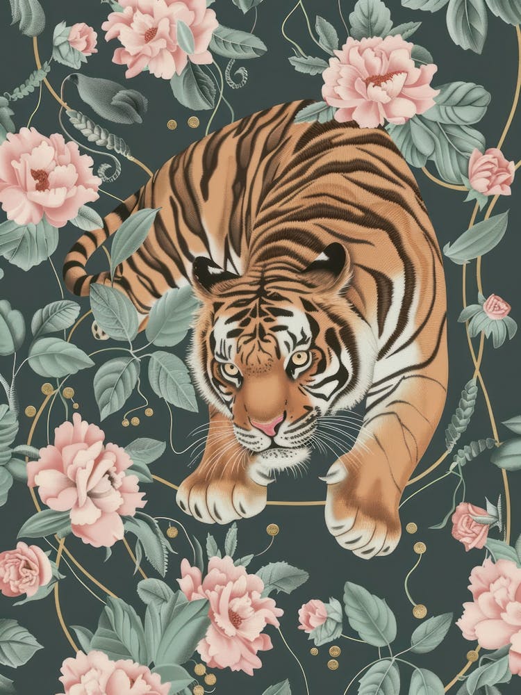 Tiger Botanical Print Floral Green Maximalist