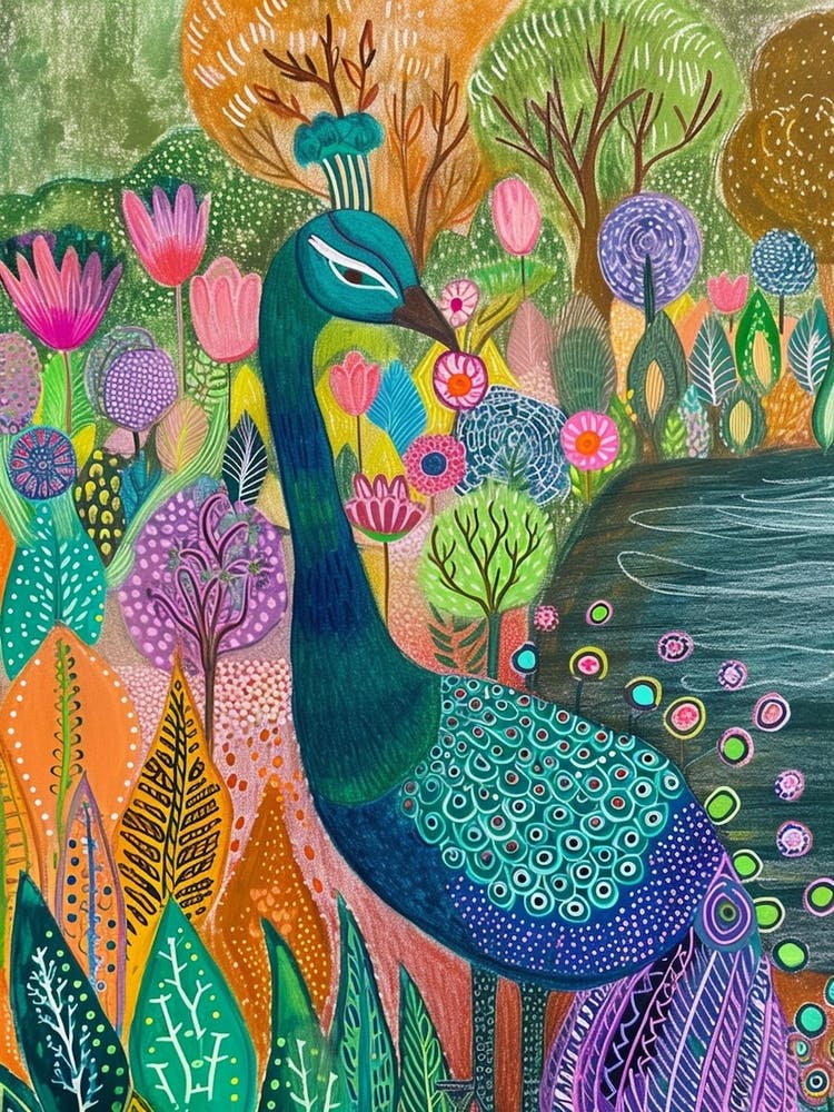 Folky Floral Peacock By The River 1