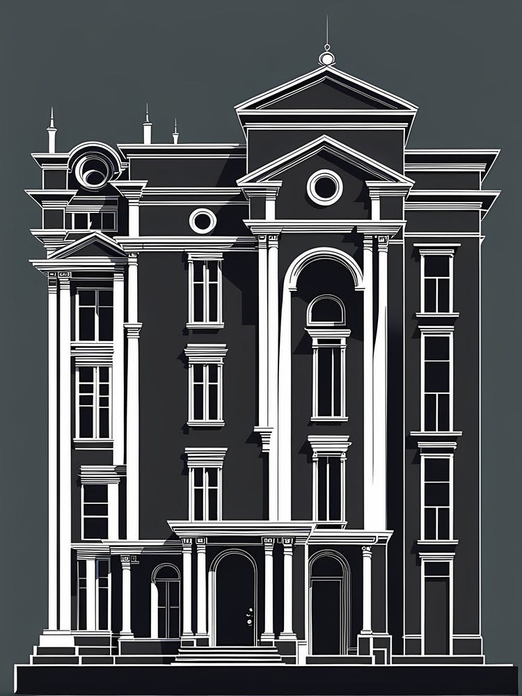 Building With A Clock On The Facade, black and white monochromatic art
