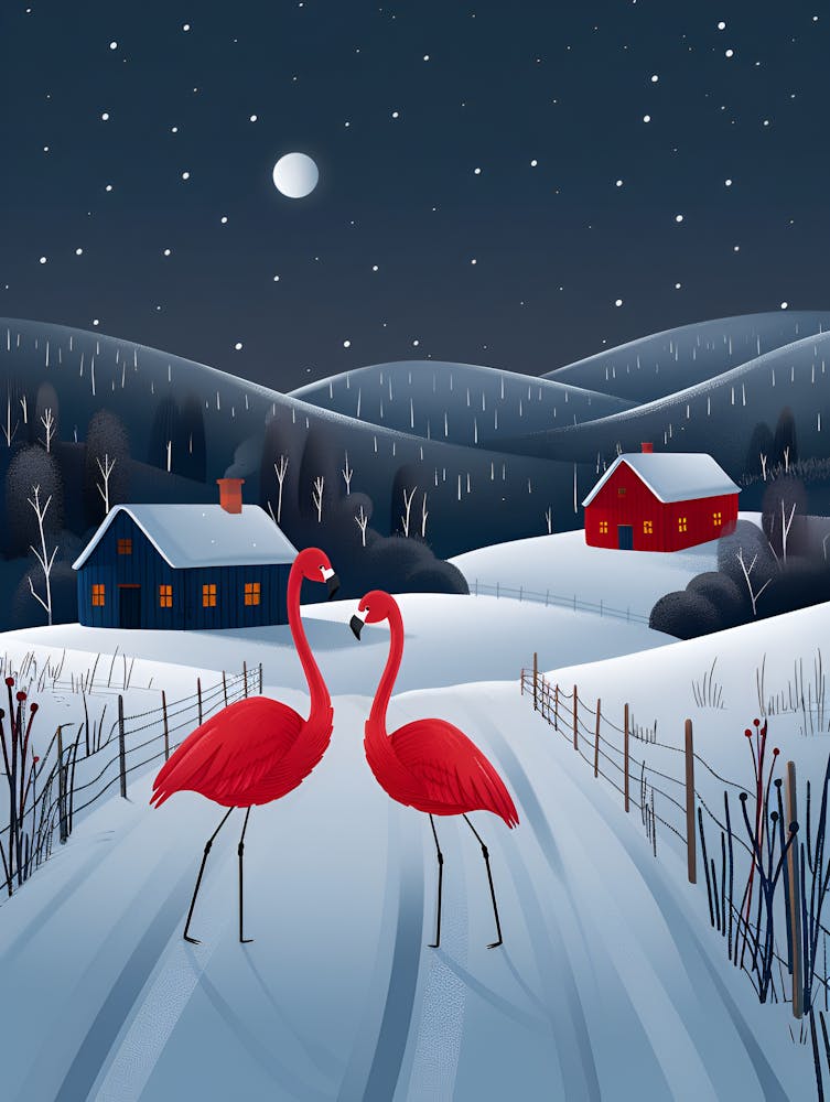 Red Flamingos In Winter