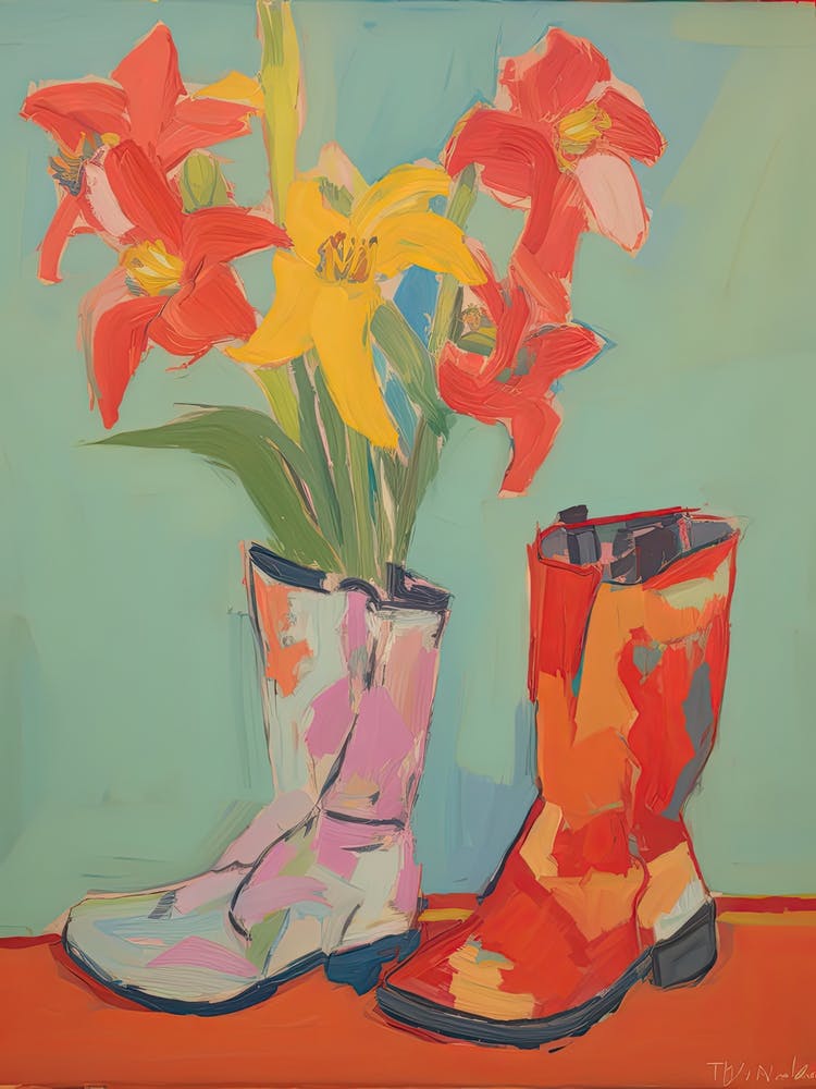 Painting Of Red Flowers And Cowboy Boots, Oil Style 9