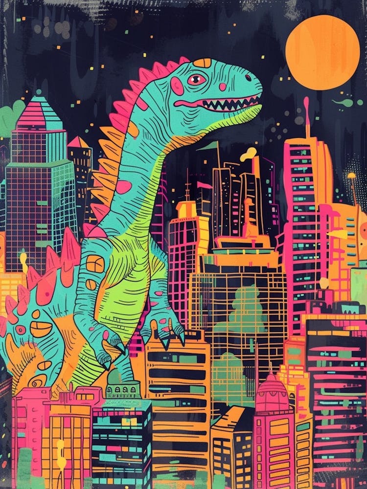 Dinosaur Teal Orange Pink Cityscape
