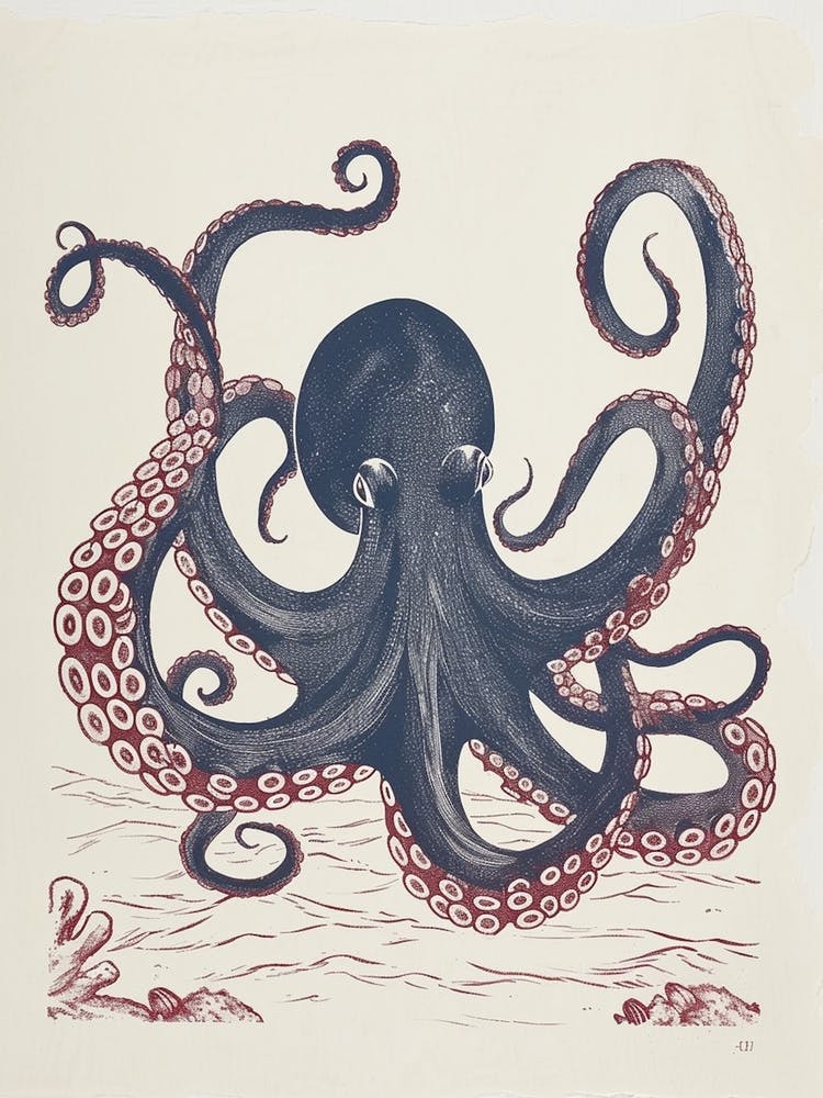 Octopus Red & Blue Silk Screen Inspired 3