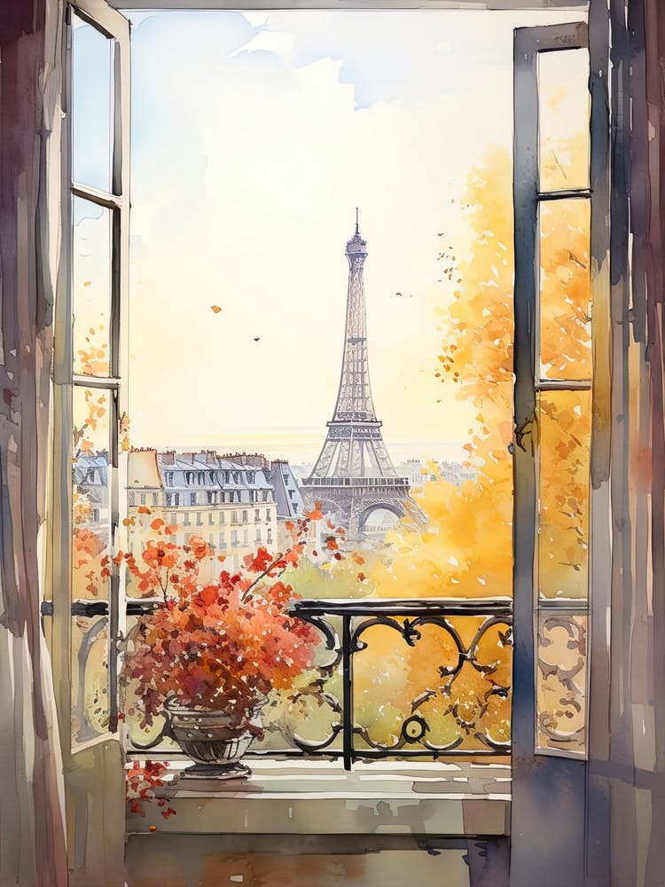Window View Of Paris France In Autumn Fall, Watercolour 2