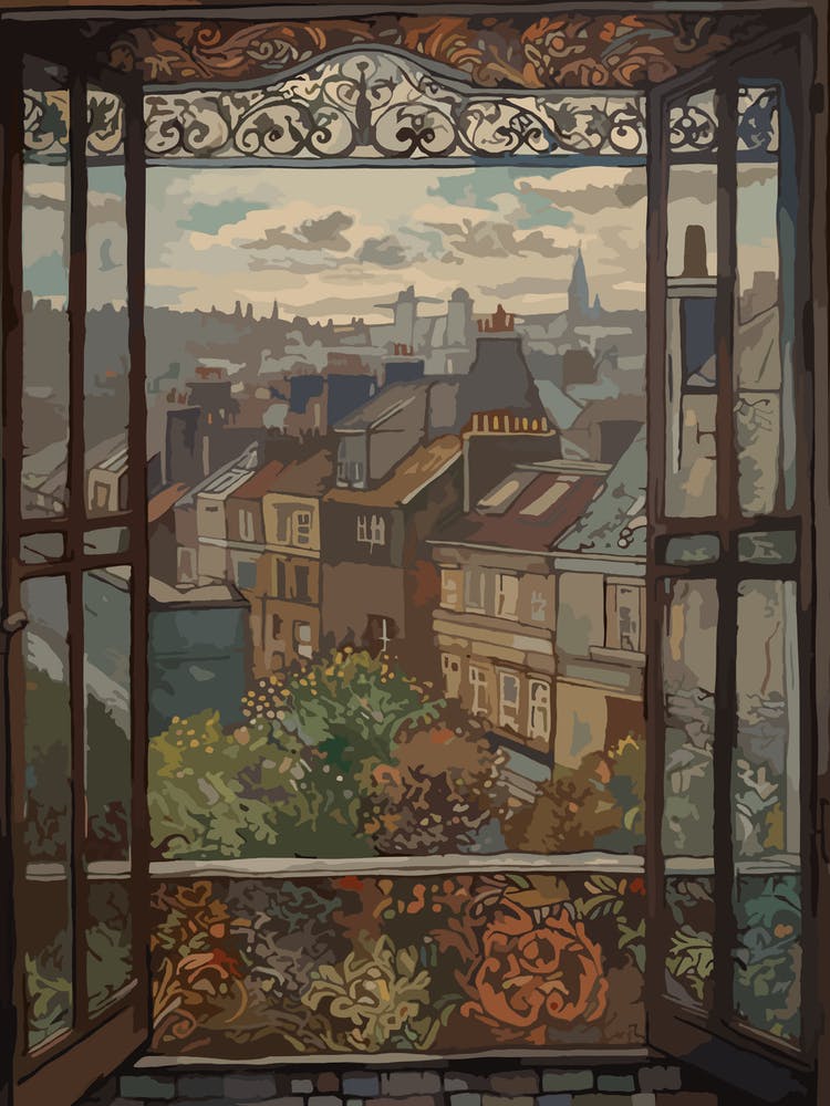 A Window View Of Paris In The Style Of Art Nouveau 1