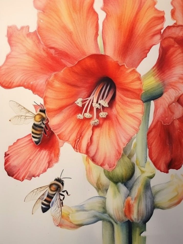 Beehive With Amaryllis Flower Watercolour Illustration 2
