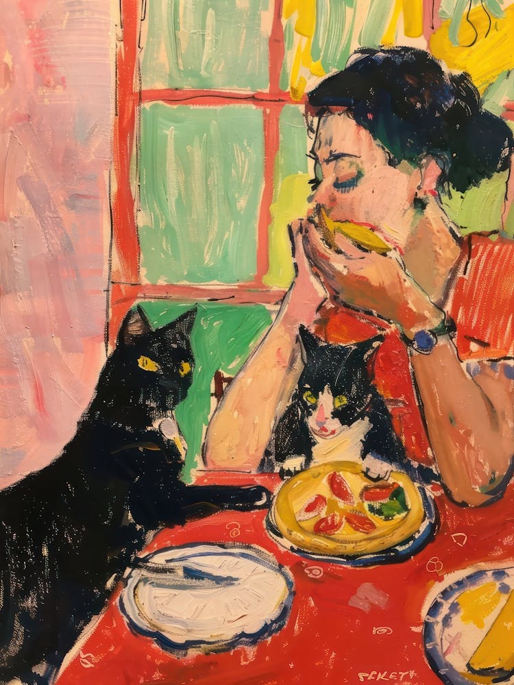 Portrait Of A Girl With Cats Eating Pizzas 3