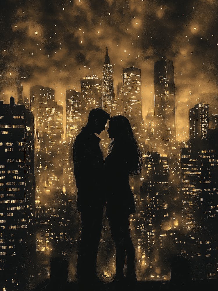 Silhouette Of A Couple At Night, Monochrome, Charcoal Style