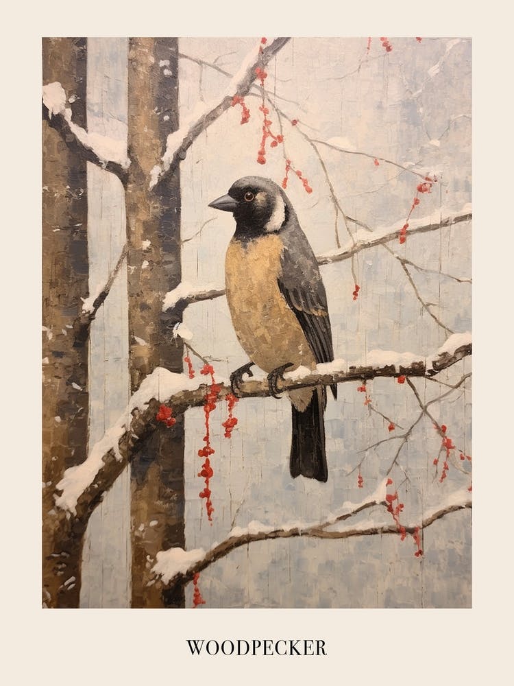 Vintage Winter Animal Painting Poster Woodpecker 4