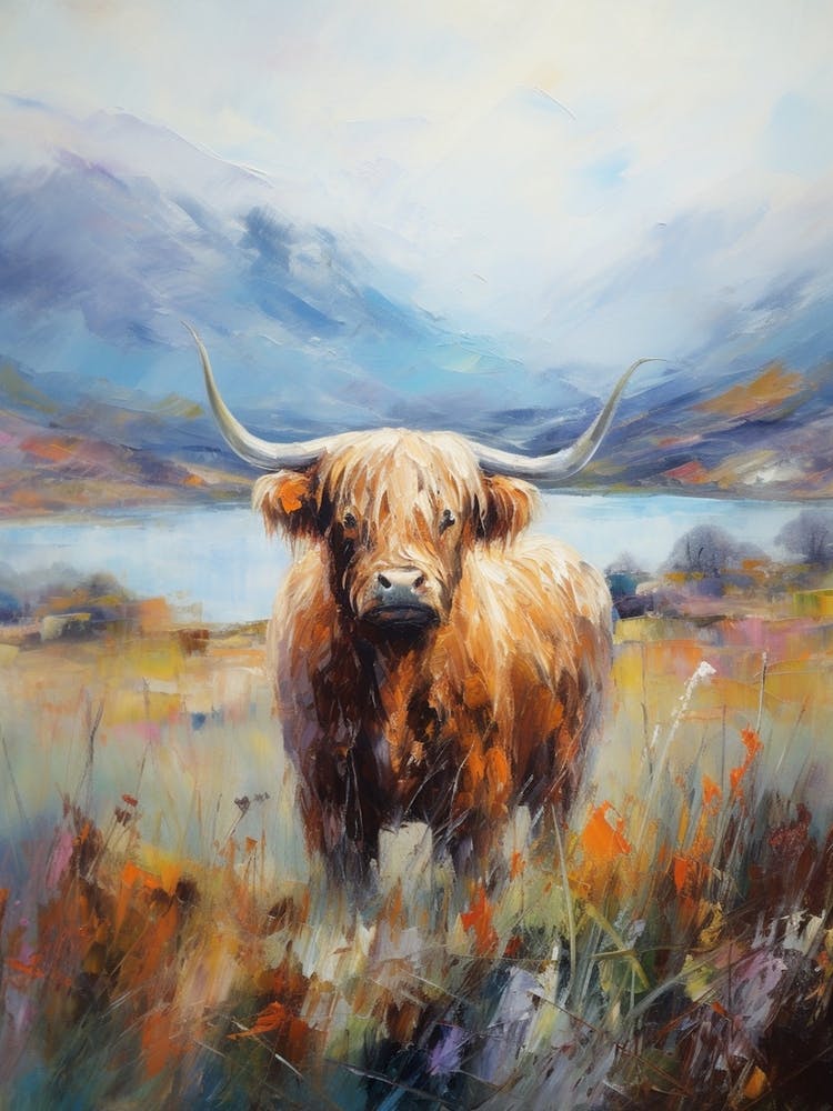Brushstroke Impressionism Style Painting Of A Highland Cow In The Scottish Valley 7