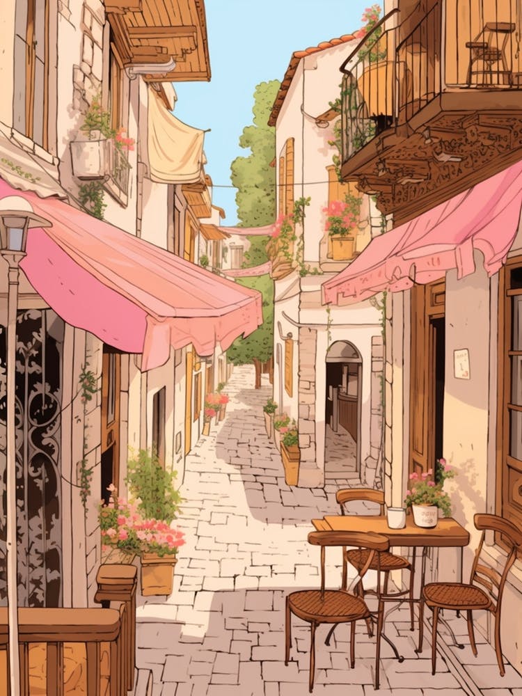 Antalya Turkey 2 Vintage Pink Travel Illustration
