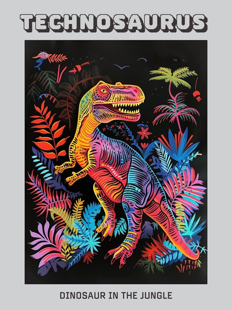 Neon Dinosaur In The Jungle 2 Poster