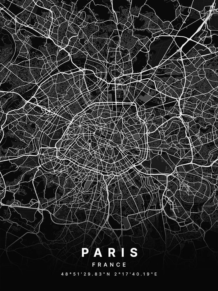 Paris France Black Map
