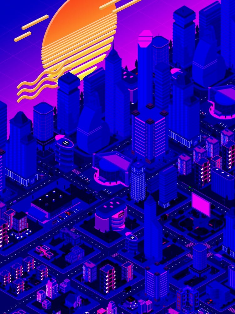 Isometrische Stadtlandschaft - Synthwave-Neon-Poster