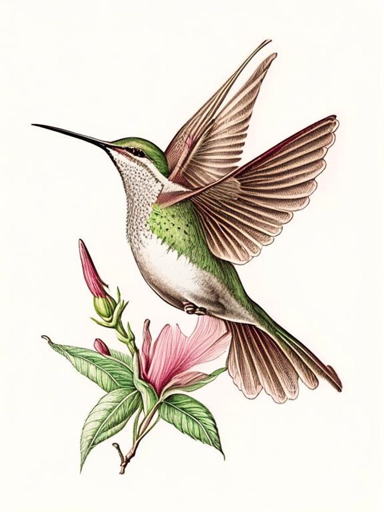 Hummingbird In Flight Vintage Botanical Line Drawing