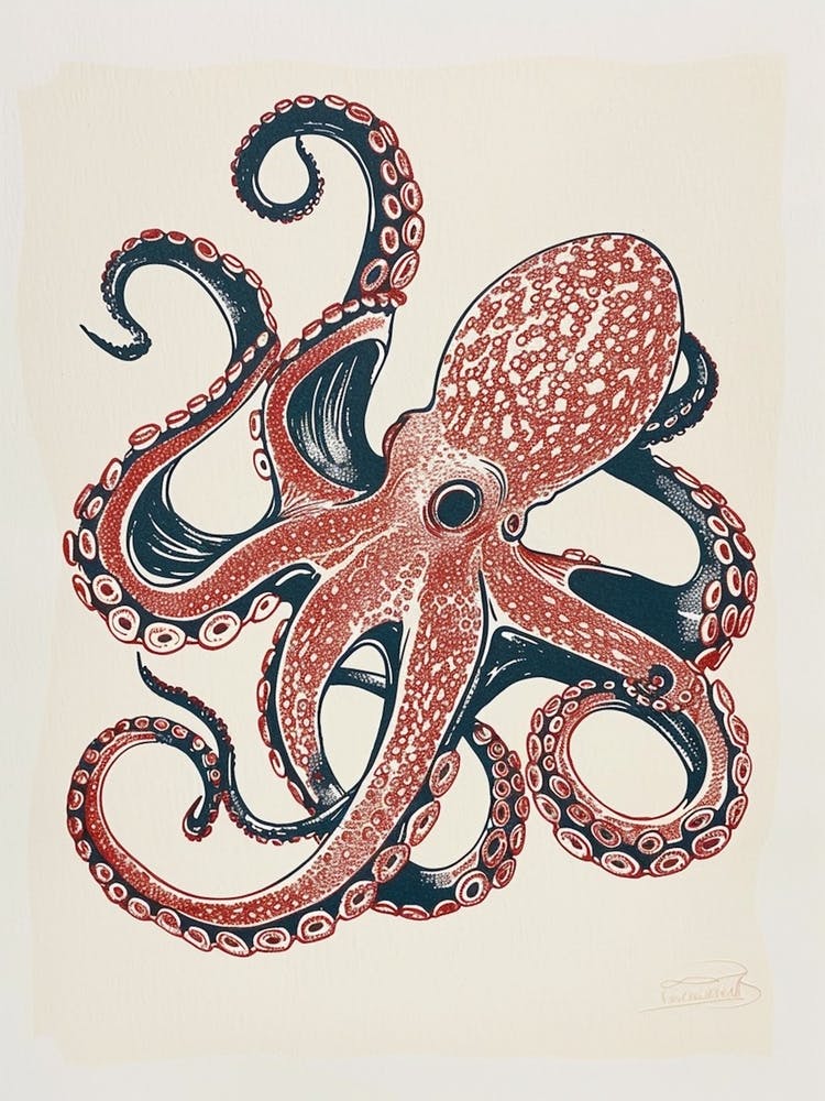 Linocut Red Navy Octopus 2