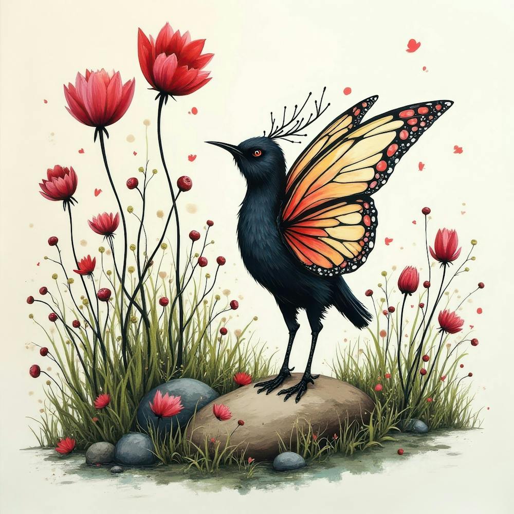 Black Butterfly With Red Poppies