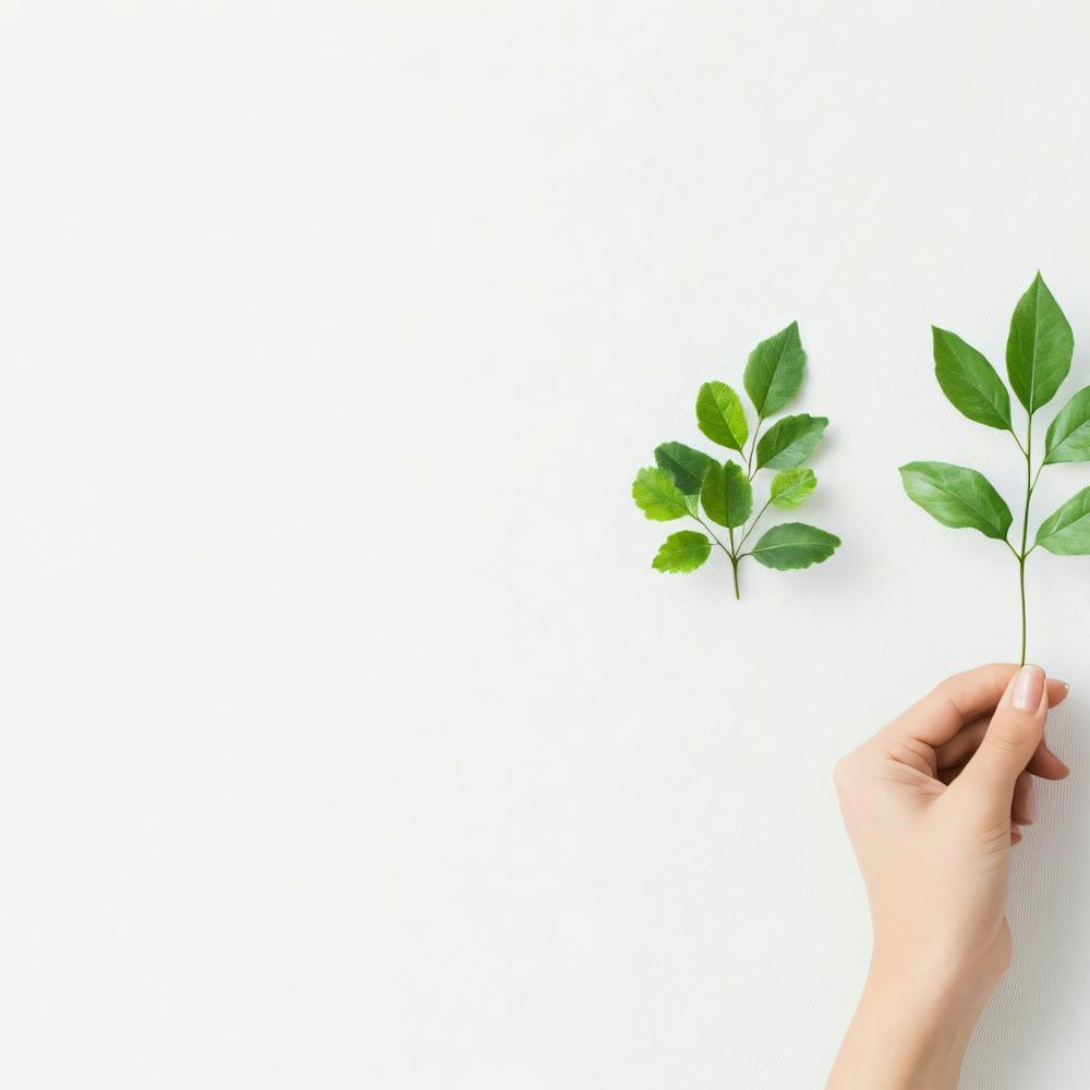 Hand Holding Green Leaves On White Background