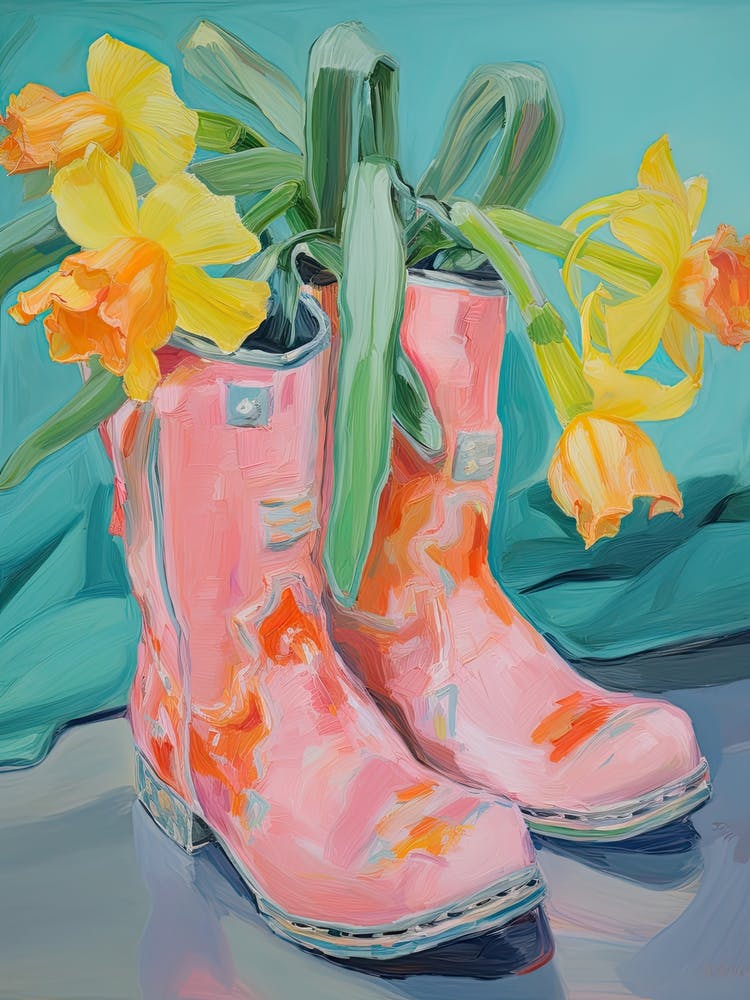 Painting Of Daffodil Flowers And Cowboy Boots, Oil Style 1