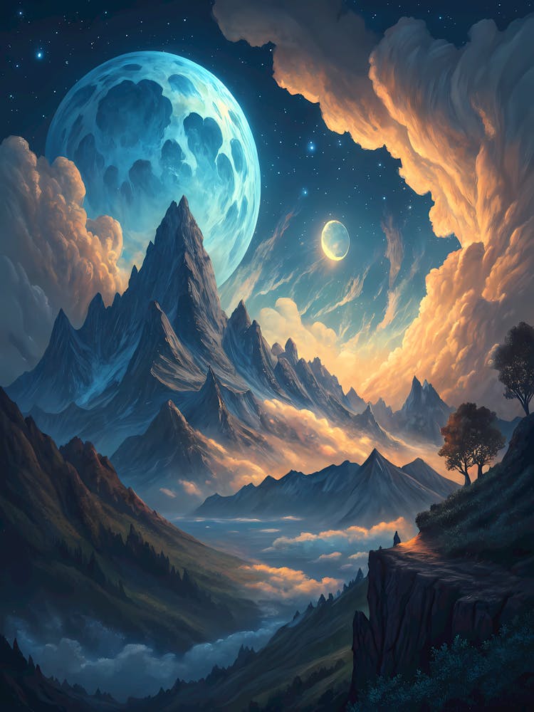 Oil Painting Style Mystical Moonlit Mountains Fantasy Landscape with Celestial Sky
