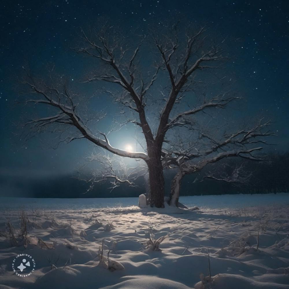 Moonlight On A Tree In A Snowy Field Photo
