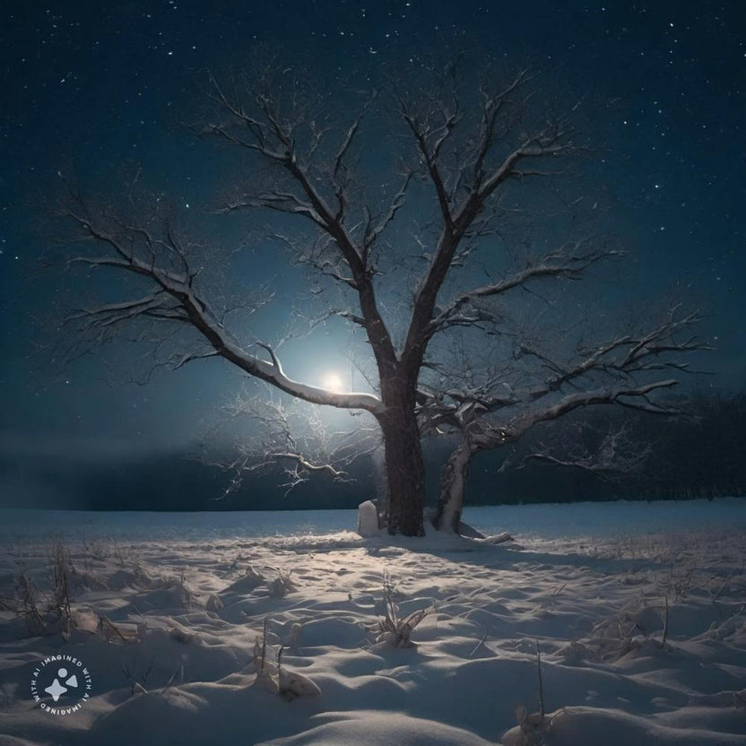 Moonlight On A Tree In A Snowy Field Photo