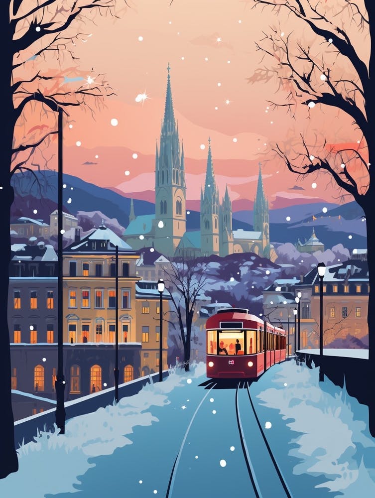 Winter Travel Night Illustration Zurich Switzerland 3