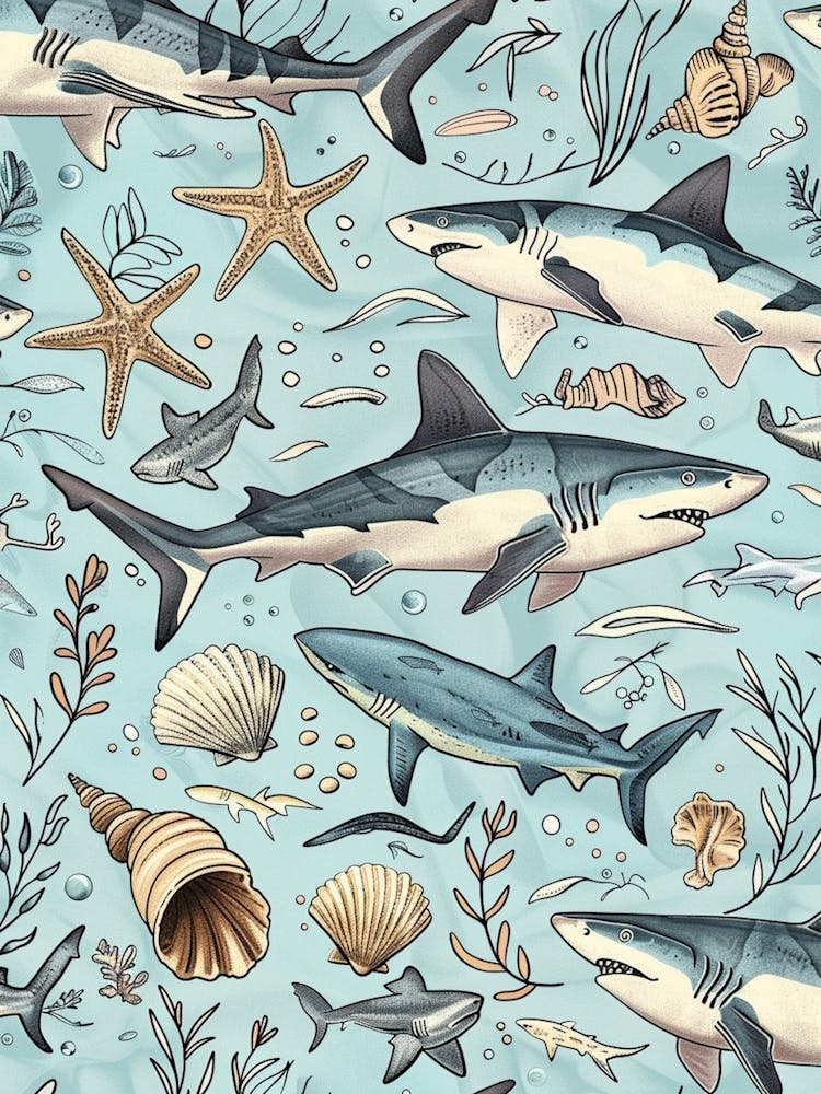 Pastel Blue Blacktip Reef Shark Watercolour Seascape Pattern 2