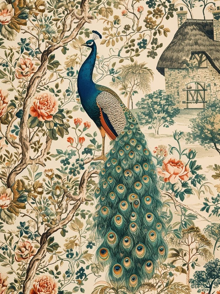 Vintage Peacock Wallpaper Outside A Thatched Cottage 1