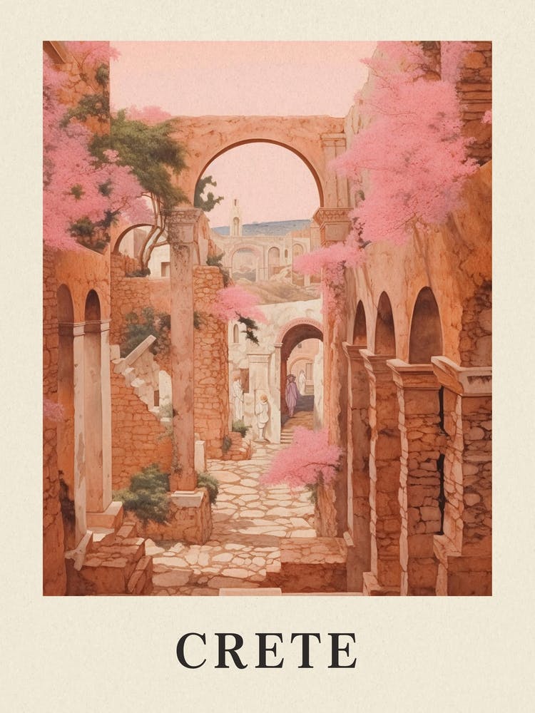 Crete Greece 2 Vintage Pink Travel Illustration Poster