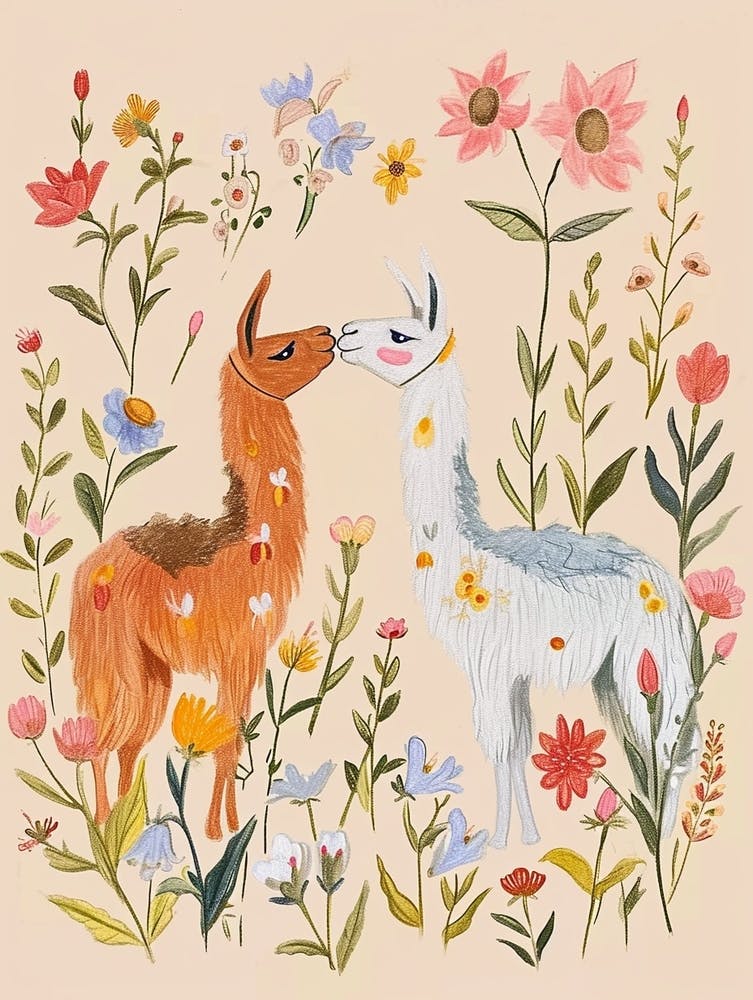 Folksy Floral Animal Drawing Llama 3