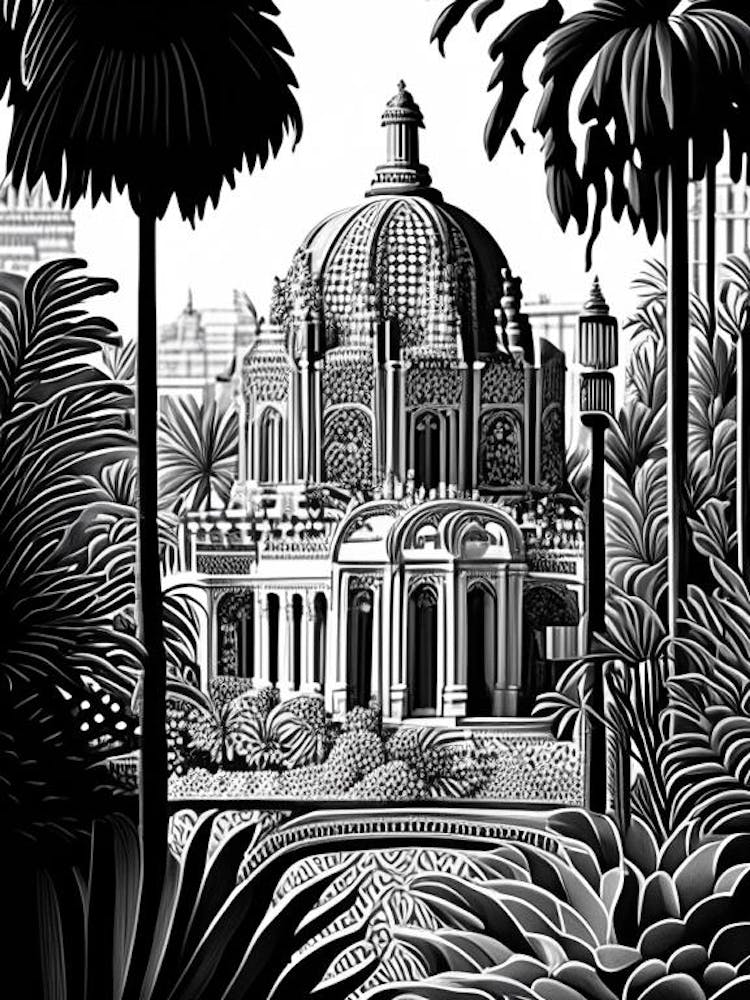 Balboa Park, 1, Usa Linocut Black And White Vintage