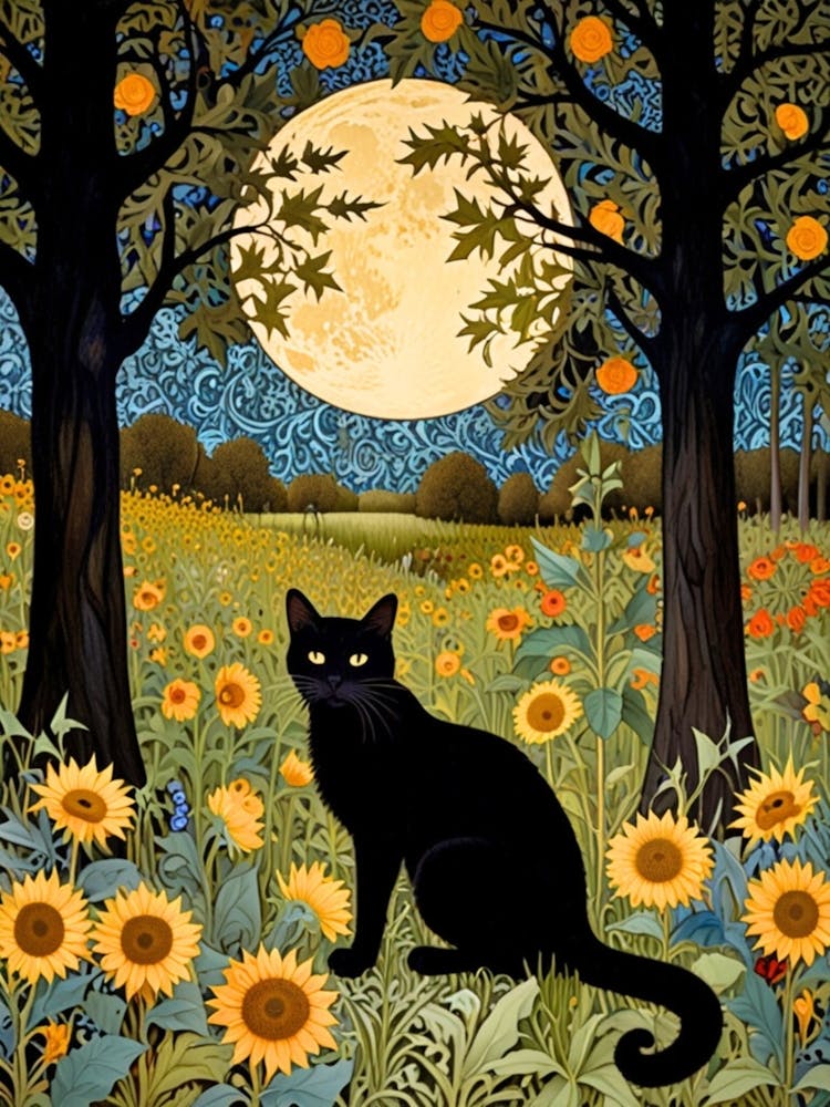 William Morris Black Cat In Sunflower Field 1