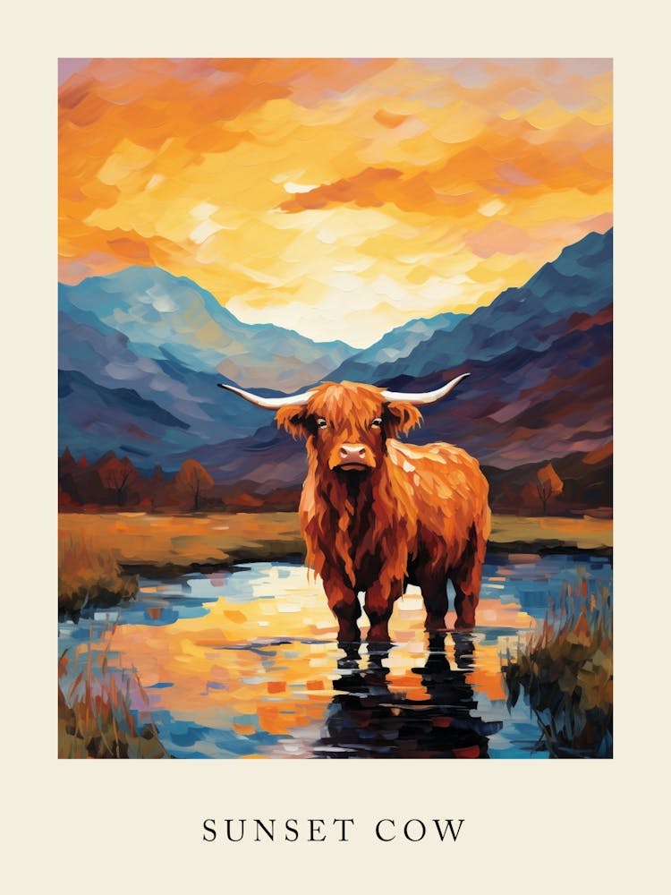 Sunset Brushstroke Impressionsim Style Painting Of A Highland Cow 3