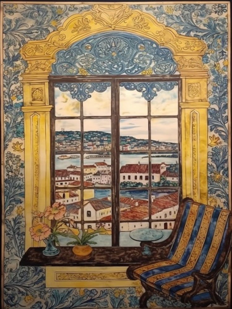 Window View Of Lisbon Portugal In The Style Of William Morris 2