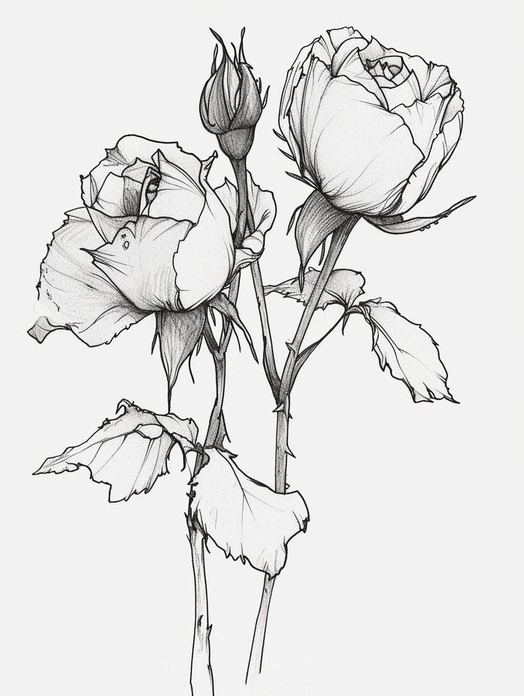 English Rose Black And White Line Drawing 12