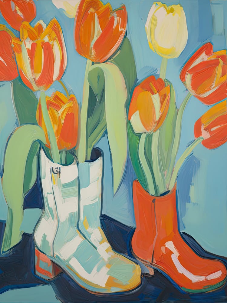 Painting Of Tulips Flowers And Cowboy Boots, Oil Style 1