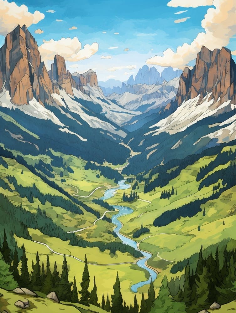 Dolomites Alta Via Italy 2 Vintage Travel Illustration