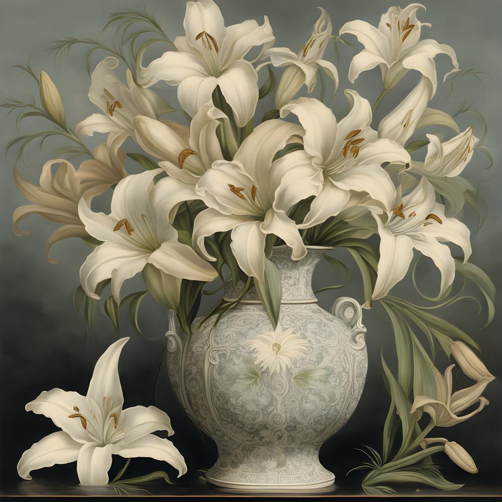 Imagine An Oil Painting Of A Victorian Era Porcelain Vase Filled With Delicate Lilies And Adorned