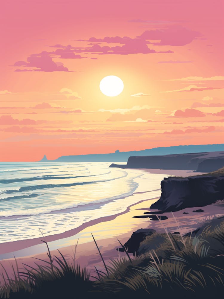 Illustration Of Gwithian Beach Cornwall In Pink Tones 3