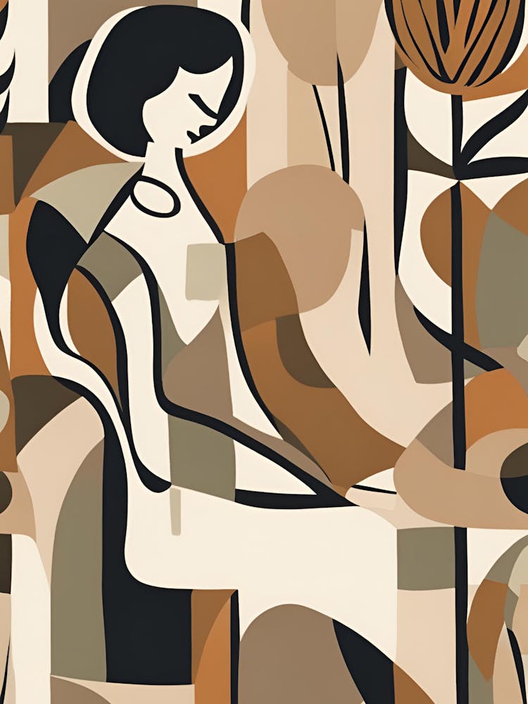 Mid Century Lady at Desk Dressing Table Solitude Silouette Leaves Abstract Feature Wall Pattern | Matisse Neutral Autumn Tones Block