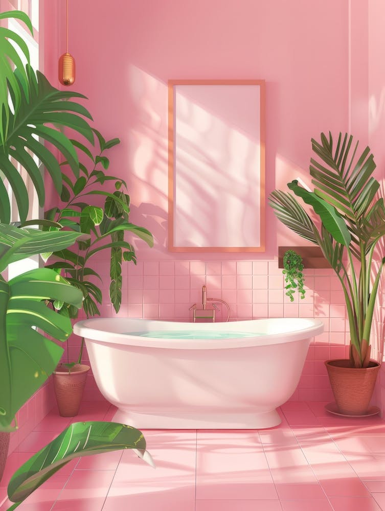 Pink Bathroom With Plants