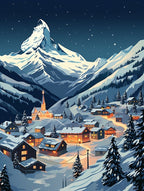 Winter Travel Night Illustration Zermatt Switzerland 2