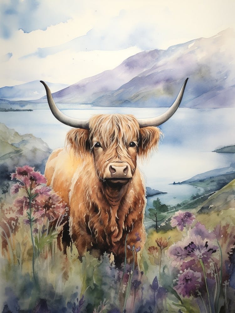 Highland Cow With Lake In The Background
